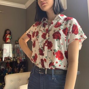 Divided Short Sleeves Button Down Roses Crop Top